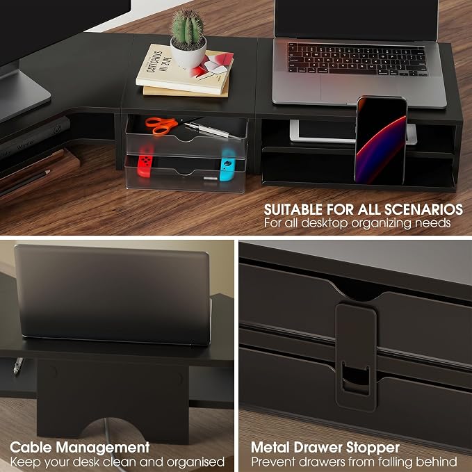 Fenge Dual Monitor Stand, Corner Desk Shelf with Drawer & Slide-Out Tray | Modular Design for Flexible Layouts, 2-Tier Storage Desktop Organizer for Computer, Laptop, Printer and Telephone - Image 5
