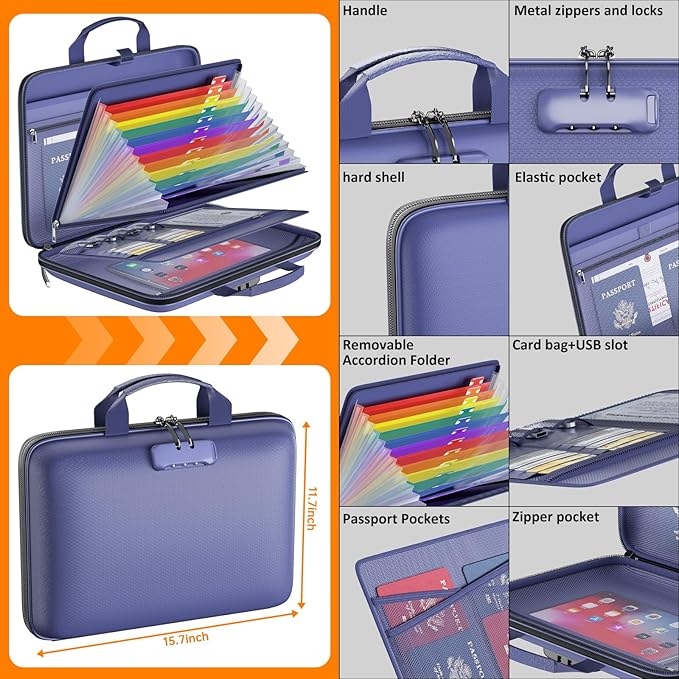 Tamfile Fireproof File Organizer with Lock,Hard Case Fireproof Document Box | 13 Colour Pockets Accordion File Folder, Office Home Important Document Organizer for Letter A4 Files Laptop Passports,Blue - Image 5