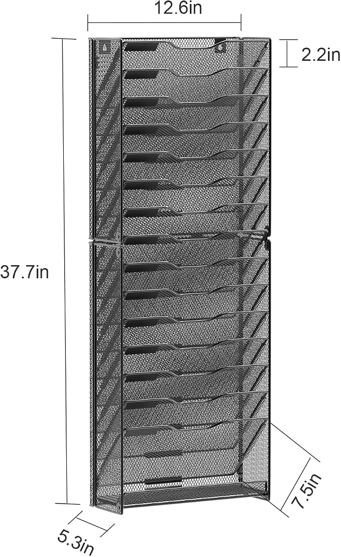 samstar 16 Tier Wall File Organizer Hanging Wall File Holder Wall Mount Paper Folder Organizer, Magazine Rack, Mesh Made,Black - Image 3