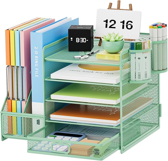 Marbrasse Desk Organizer with File Holder, 5-Tier Paper Letter Tray Organizer with Drawer and 2 Pen Holder, Mesh Desktop Organizer and Storage with Magazine Holder for Office Supplies (Green) by Marbrasse