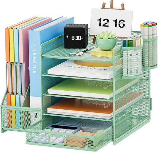 Marbrasse Desk Organizer with File Holder, 5-Tier Paper Letter Tray Organizer with Drawer and 2 Pen Holder, Mesh Desktop Organizer and Storage with Magazine Holder for Office Supplies (Green) by Marbrasse
