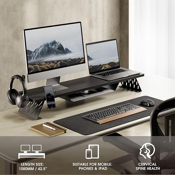 Fenge Dual Monitor Stand, Wooden Desk Shelf with Headphone & Phone Holder | 42.5" Monitor Riser with Storage Shelf, 2-Tier Monitor Shelf with Metal Leg for Home Office Organizer, Black - Image 6