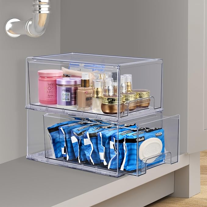 Sorbus Large Clear Stackable Storage Drawers, Plastic Storage Drawers with Handles, Craft, Clothes, Medicine, Makeup, Closet, Art Supply, Bathroom, Shoe, Toy Storage Organizer (2 Pack) by Sorbus