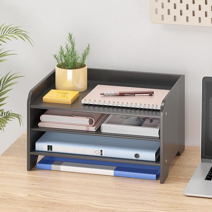 Bamboo File Organizer for Desk, Desktop Paper Tray and Mail Holder | Three open tiers keep A4/letter paper, folders, bills and mail sorted, visible and easy to reach while saving desk space by Unknown