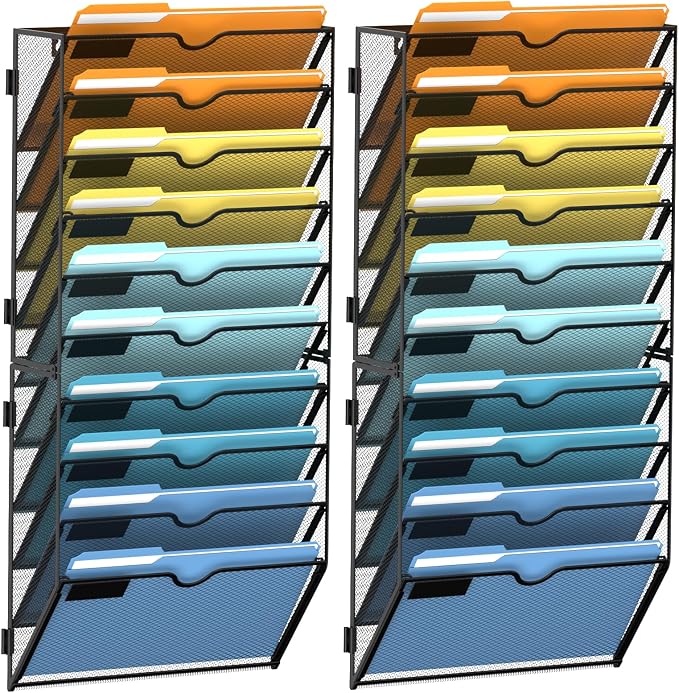 10-Tier Hanging Wall File Organizer with Hooks, 2 Pack | Mesh Wall File Holder, Mail Organizer Wall Mounted for Papers, Documents, Folders and Magazines in Home Office, Classroom by SUPEASY