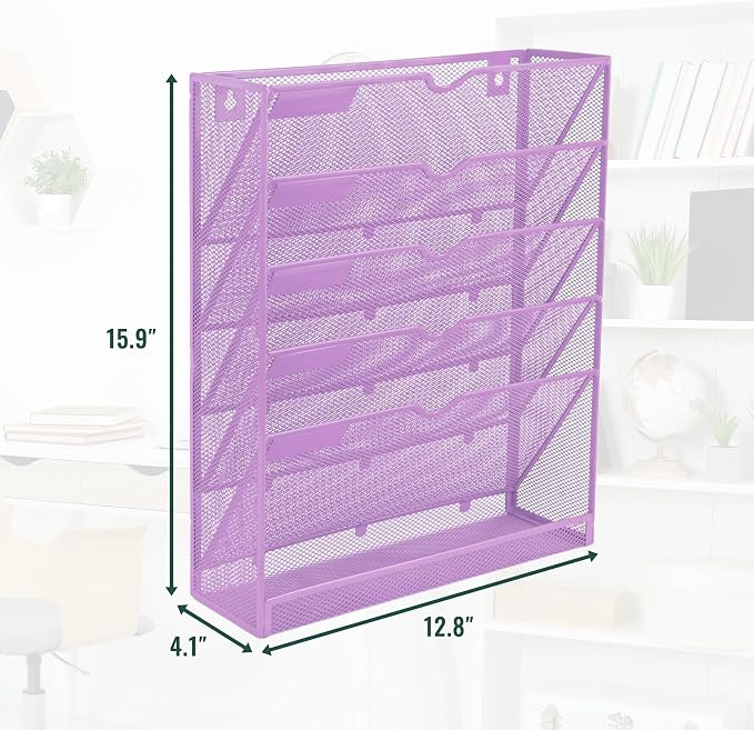 6 Tier Mesh Hanging Wall File Organizer, Desk Vertical Mail Paper Document Folder Holder Rack with Bottom Tray and Nametag Label for Office Home School, Light Purple - Image 2