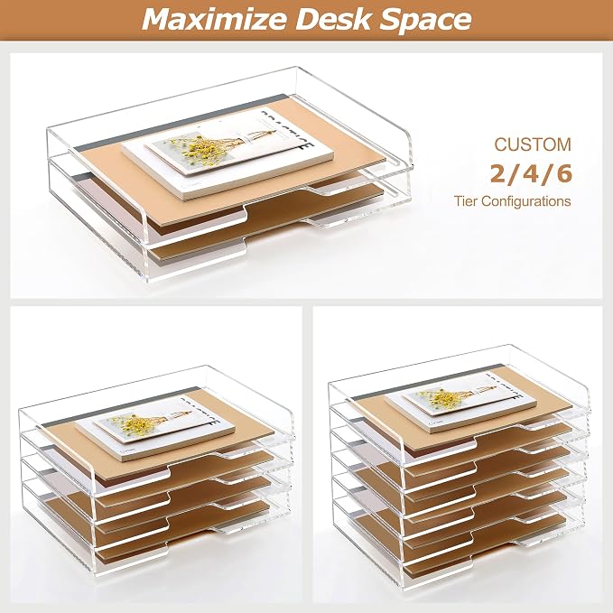 Acrylic Desk Organizer, Stackable Paper Organizer Letter Tray 4-Tier Clear | Enlarged File Organizer for Documents, Files, Letters, A4 Paper, Books, Notes, Mail & Paper Storage, Office Classroom Home - Image 2