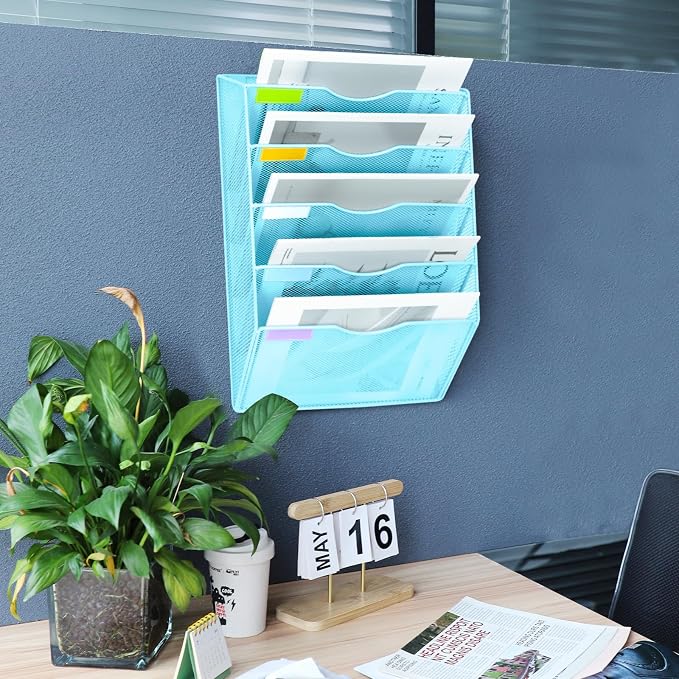 5 Pockets Mesh Wall File Holder Organizer Office Hanging File Folder Magazine Rack, Nametag Label Hooks Set Included (Blue) - Image 7