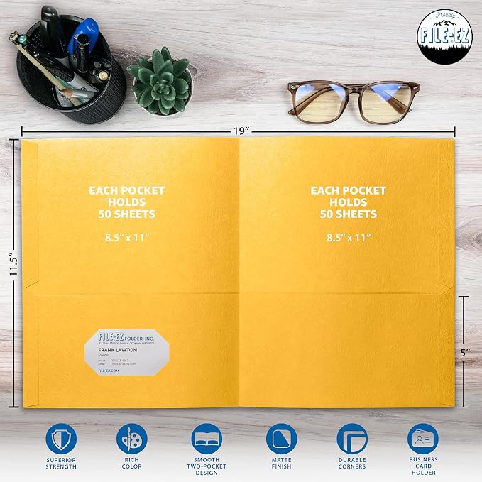 FILE-EZ Two-Pocket Folders, Yellow, 125-Pack, Textured Paper, Letter Size (EZ-32470) - Image 2
