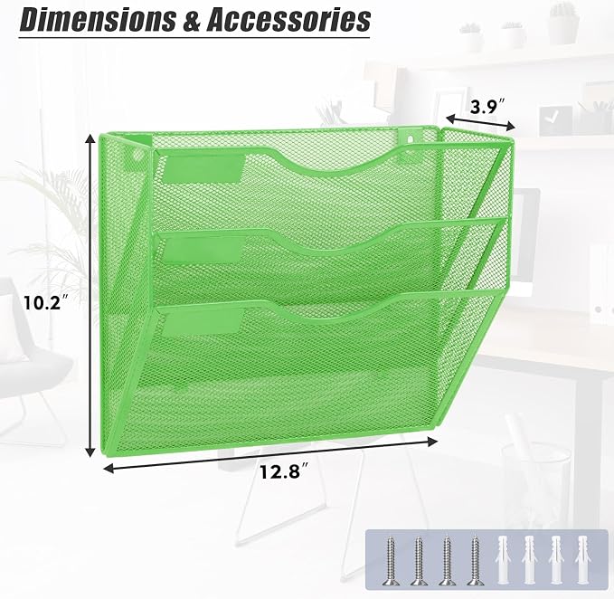3 Pocket Mesh Hanging Wall File Organizer, Wall Mounted Mail Paper Document Folder Holder, Clipboard Storage Organization Magazine Rack with Nametag Label for Office Home School, Green - Image 2