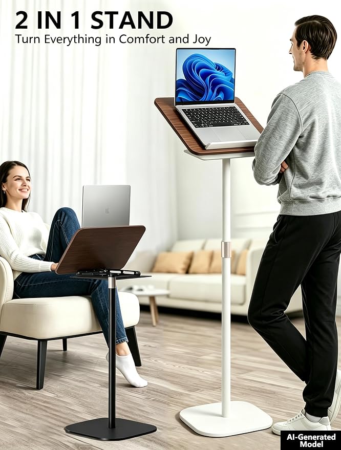 2-in-1 Adjustable Floor & Desktop Music Book Stand, White | Detachable Reading Holder, Height 36"-62", 360° Rotating, For Music, Laptop, Cookbook - Image 4