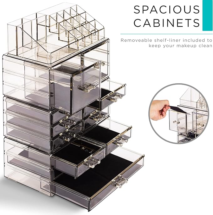 Sorbus Large Makeup Organizer - Clear Stackable Jewelry & Makeup Organizer For Vanity, Bathroom Storage, Dresser - 12 Drawers Cosmetic Beauty Organizers and Storage with Lipstick, Makeup Brush Holder - Image 5