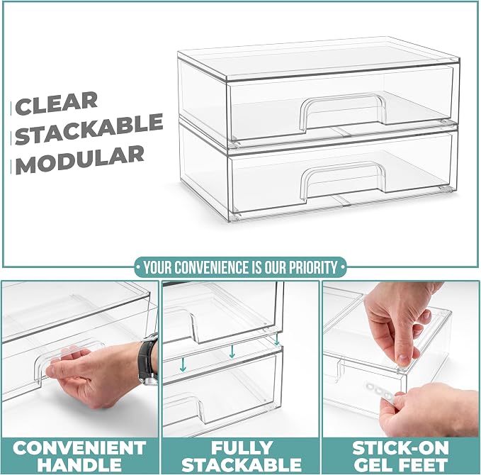 Sorbus Acrylic Storage Containers - 2 Pack, Stackable Storage Bins Set for Bathroom Organization - Clear Acrylic Drawer Organizers - Makeup Case Pull-Out Drawers (12.1’’ Wide) - Image 5