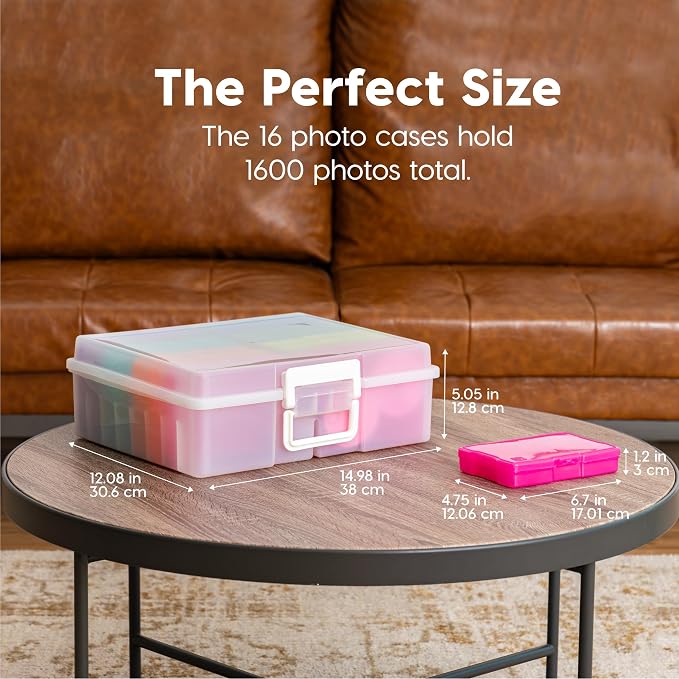 IRIS USA Photo Storage Box |Made in USA| 16 Cases - (2-Pack) - Pearl/Multi | Fits 4" x 6" Pictures / Built-In Handle / Organizing Containers for Tasks, Stickers, Ephemera & Flashcards - Image 3