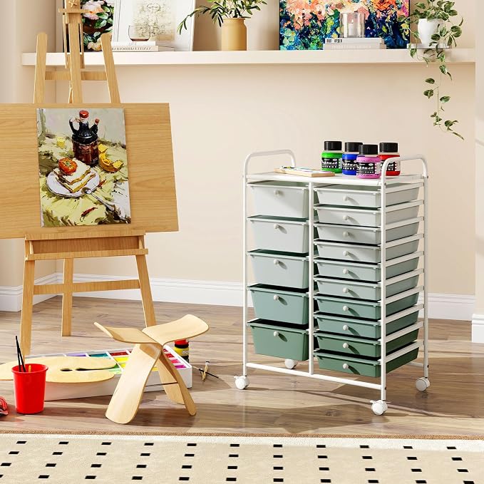 COSTWAY 15 Drawer Rolling Storage Cart, Mobile Storage Organizer | Removable Drawers & Metal Frame, Multipurpose Utility Tools Paper Organizer on Wheels for Home, Office (Green Gradient) - Image 8
