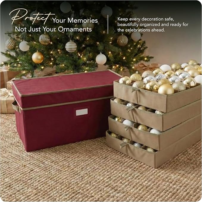 Covermates Keepsakes Adjustable Ornament Storage Box – Heavy-Duty Polyester, Padded Dividers & FlexGrid Trays – Protective Holiday Organizer with Stackable Walls & Label Window, Red - Image 2