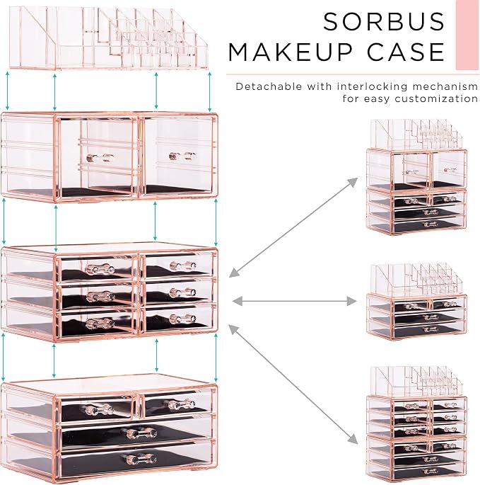 Sorbus Large Makeup Organizer - Clear Stackable Jewelry & Makeup Organizer For Vanity, Bathroom Storage, Dresser - 12 Drawers Cosmetic Beauty Organizers and Storage with Lipstick, Makeup Brush Holder - Image 2