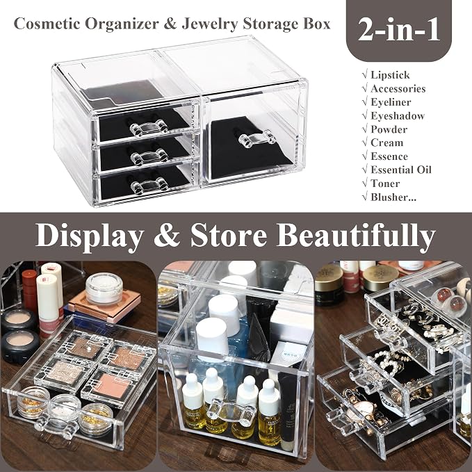 Sea Team Stackable Clear Acrylic Makeup Organizer with Drawers for Vanity | Cosmetic Display Case, Jewelry Storage Box with 1 Large and 3 Small Drawers, Ideal for Dresser, Bathroom, Countertop - Image 5