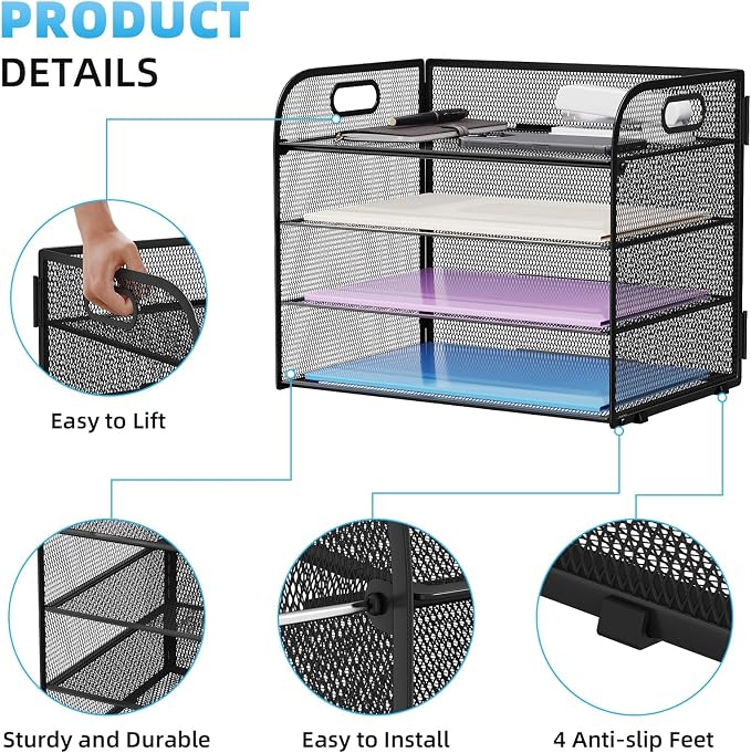 Marbrasse 2 Pack 4 Tier Paper Organizer Letter Tray - Mesh Desk File Organizer with Handle, Paper Sorter Organizer for Letter/A4 Office File Folder Holder (Black, 12.6" x 9.1" x 10.7") - Image 4