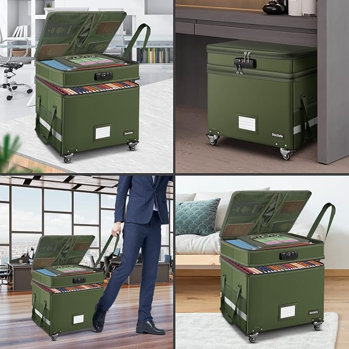 DocSafe File Box with Lock,2-Layer Fireproof Document Box with Wheels,Collapsible Rolling File Storage Organizer with Pockets,Large Portable Home Office Filing Cabinet Safe for Hanging Folders,Green - Image 3