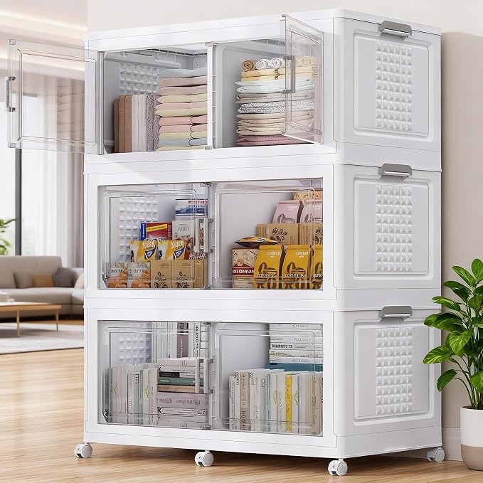 BROVIEW 600 Qt Stackable Storage Bins Foldable Cabinet, V40 White 3-Pack | Extra Large Collapsible Storage Bins with Lid Doors Wheels Dividers, Closet Organizers and Storage Drawer for Home Office by BROVIEW-EnjoytheArtofLife