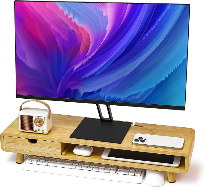 Homerays Monitor Stand with Drawer, Exquisite Computer Monitor Stand for Desk, Ergonomic Wood Monitor Stand Riser for Computer,Laptop,Printer,TV,Upgrade Bamboo by Homerays