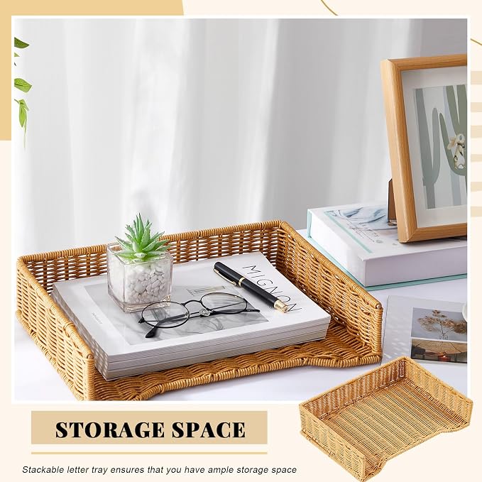 Yeaqee 2 Pcs Paper Tray Organizer for Desk Woven Letter File Organizer A4 File Tray Desk Paper Basket Letter Size Imitation Rattan Holder Organization Rack for Office Storage(Brown,Wheat Ear Pattern) - Image 6