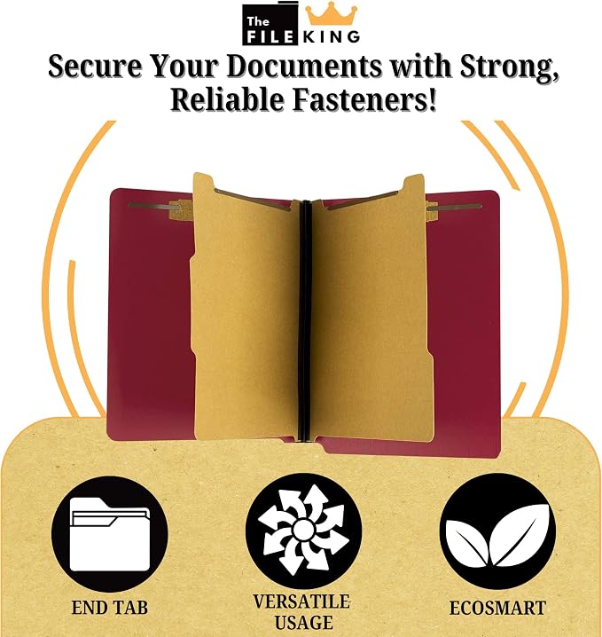 The File King Two Divider Pressboard Classification Red File Folder - Letter Size | Box of 10 | End Tab | 2” Expansion | Six 2-Inch Fastener Prongs | Made in America - Image 3