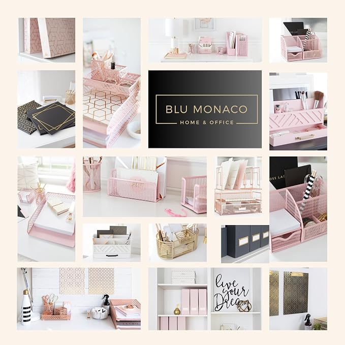BLU MONACO | Rose Gold Desk Organizer with Drawer | Metal Desk Organizer with File Sorters and Storage Compartments | Office Desk Organizer for Paper Folders and Supplies - Image 8