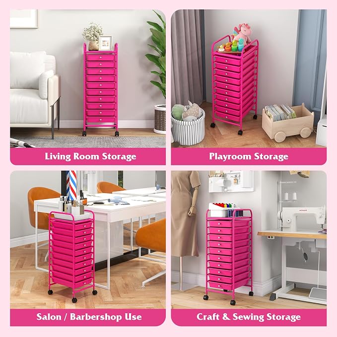 Giantex 10-Drawer Storage Cart w/Universal Wheel, Rolling Cart w/Handle, Home Organizer Storage Unit w/Removable Drawers, Trolley Utility Cart for Kitchen Makeup Living Room Office Play Room, Hot Pink - Image 7