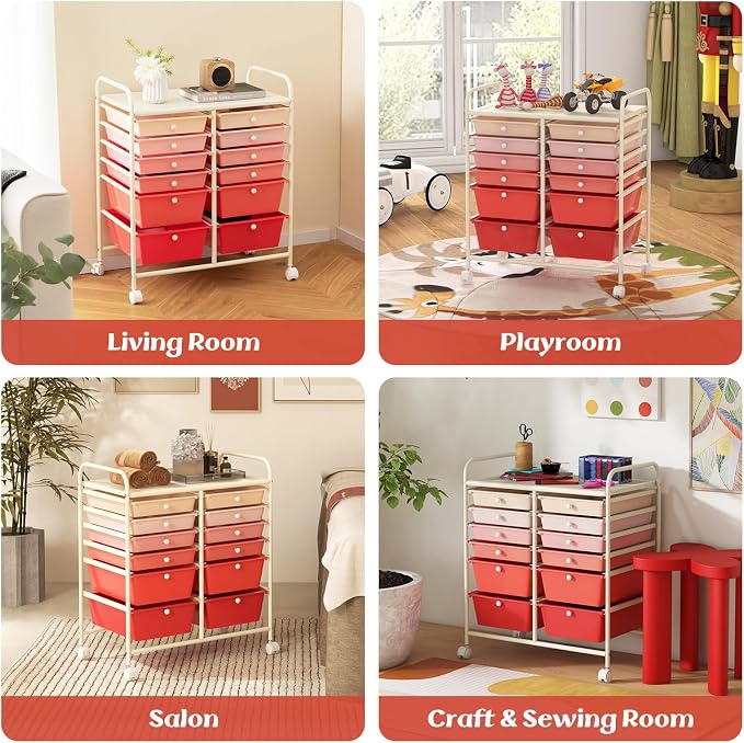 Moccha 12-Drawer Rolling Storage Cart - Utility Cart on Wheels with Lockable Casters for Craft Art Supply Paper Salon, Mobile Drawer Carts for Classroom Teacher School Office (Gradient Pink) - Image 9