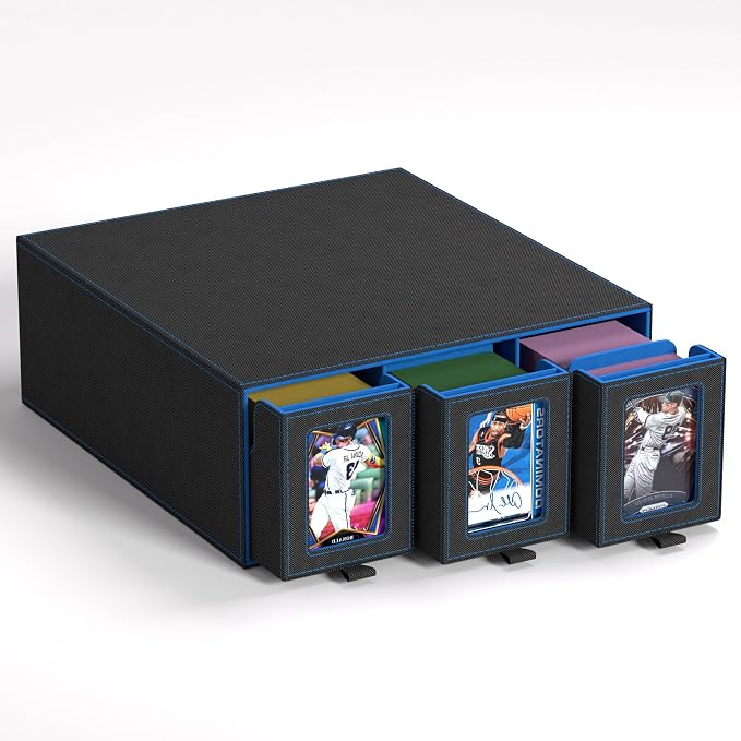 3-Drawer Trading Card Storage Box Holds 2500+ Cards (Blue) | Stackable design,15 dividers included,Desktop card organizer,Bulk card storage,for sports/TCG/MTG/Pokemon cards by Unknown