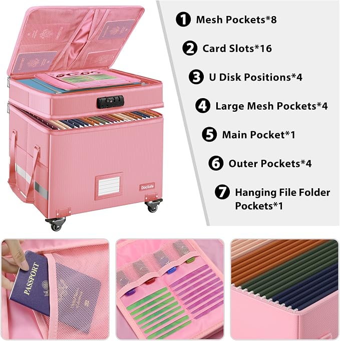 DocSafe File Box with Lock,2-Layer Fireproof Document Box with Wheels,Collapsible Rolling File Storage Organizer with Pockets,Large Portable Home Office Filing Cabinet Safe for Hanging Folders,Pink - Image 2
