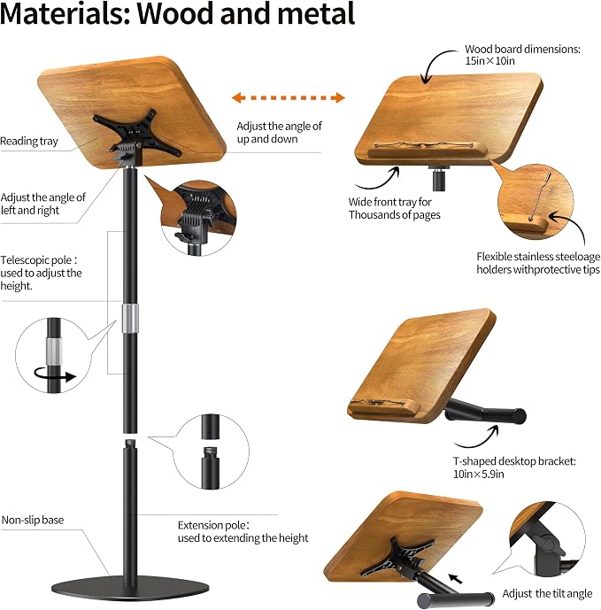 NAMON 2-in-1 Dual-use Floor & Desktop Book Stand, 100% Solid Wood, Height Adjustable from 16.5" to 51", Floor Reading Stand with Page Clip for Cookbooks, Sheet Music, Projector (with a T-Shaped) | 100% Solid Wood, Floor Reading Stand with Page Clip for... - Image 6