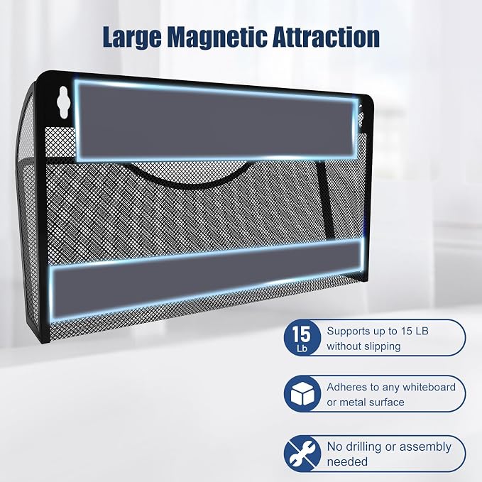 Magnetic File Holder 4 Pockets File Folder Organizer, Office Hanging Magazine Rack for File Cabinets, Magnetic Paper Holder, No Drilling Mail Organizer for Refrigerator, Office - Image 2