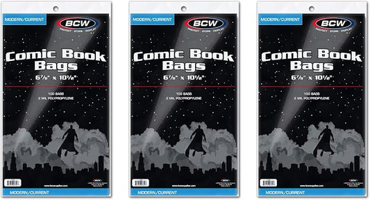 BCW Current Comic Bags (300 Pack) – Acid-Free BCW Comic Book Bags for Modern Comics | Crystal Clear Comic Book Sleeve Protection | 6 7/8 x 10 1/2 by BCW