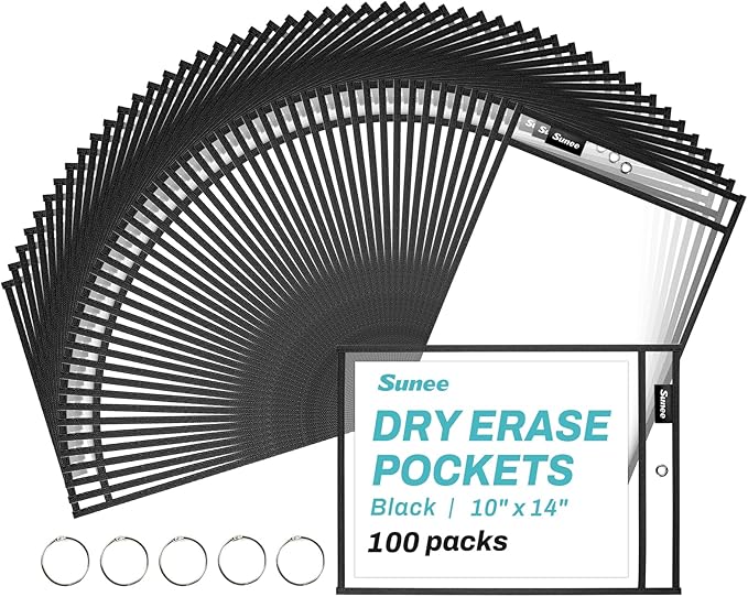 SUNEE 100 Packs Oversized Reusable Dry Erase Pocket Sleeves with 5 Rings, Black 10x14 Ticket Holders, Clear Plastic Sheet Protectors, Teacher School Classroom Supplies by SUNEE