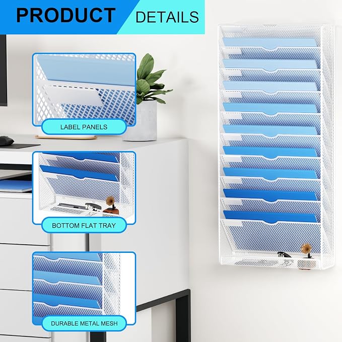 Hanging Wall File Organizer 10 Tier Wall Mounted File Holder Document Wall Organizer Magazine Organization for Office Home, White - Image 4