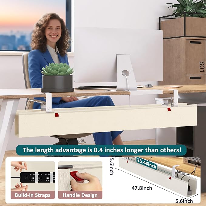 Extra Large 48" Under Desk Cable Management Tray for Standing Desk, No Drill Clamp On Wire Hider, Heavy Duty Anti-Sag Cord Organizer, Cable Tray for Studio & Dual Monitors (Beige, 47.8") - Image 7