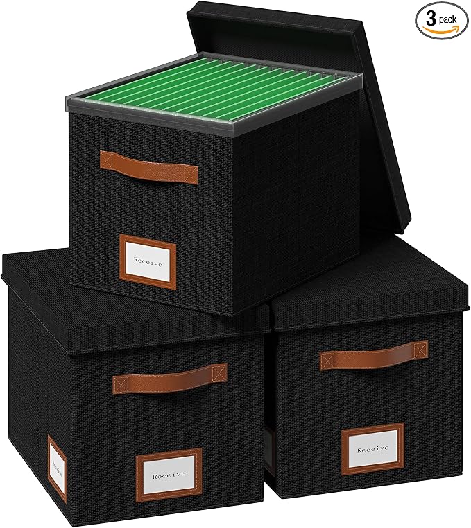 File Organizer Box with Lid File Box for Hanging Decorative File Organizer with One-Piece Integrated Plastic Slide Rail (Black, 13.2x10.1x10.1inch(3pack)) by FileOrganizerBoxeswithLid
