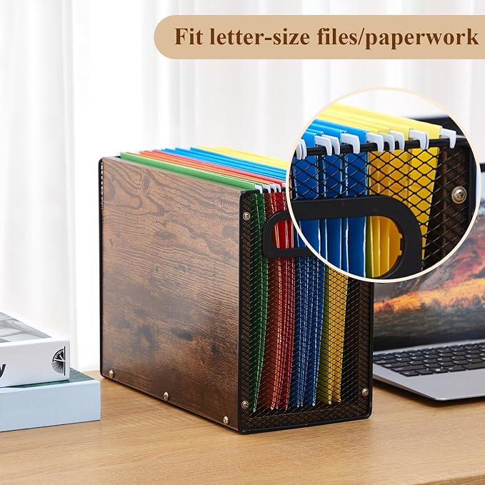 AmazingSpark Wooden Hanging File Organizer Box, 2 Pack Desktop Filing Box with Handles, Solid Wood & Metal File Organizer for Letter Size Hanging Folders, Home Office Storage Decor - Image 3