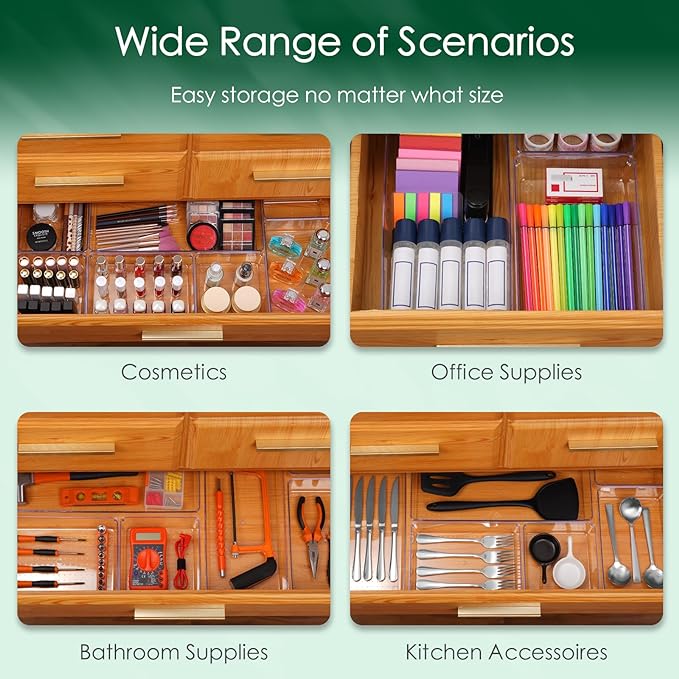 Drawer Organizer Set, Acrylic Non Slip Non Cracking Kitchen Drawer Storage Tray Large Size Divider, Multifunctional Storage for Cosmetics, Bathroom, Tools, Kitchen and Office (8 PACK) - Image 5