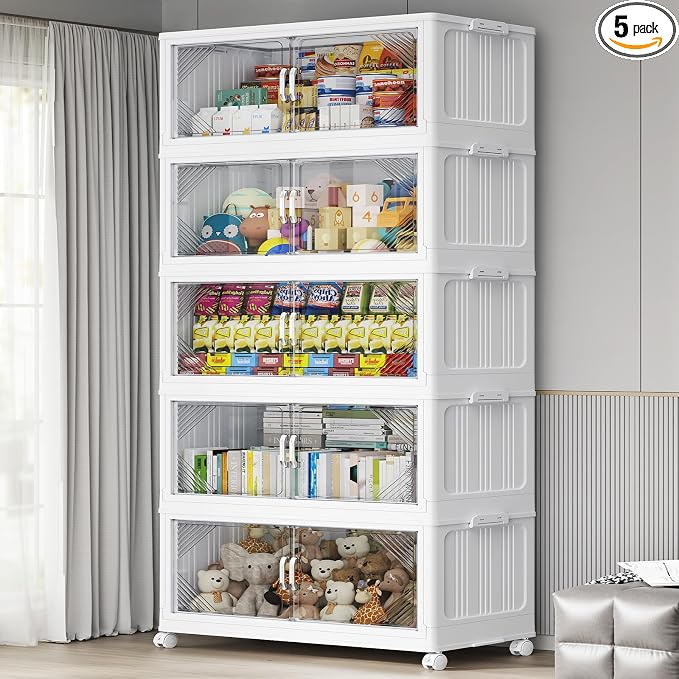 BROVIEW V60 700QT Plastic Stackable Storage Bins with Lid, 5Pack White | 175Gal Extra Large Closet Organizers Collapsible Cabinets Boxes With Drawer, Foldable Container with 4x Wheels for Home by BROVIEW-EnjoytheArtofLife
