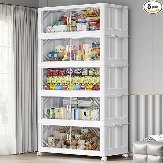 BROVIEW V60 700QT Plastic Stackable Storage Bins with Lid, 5Pack White | 175Gal Extra Large Closet Organizers Collapsible Cabinets Boxes With Drawer, Foldable Container with 4x Wheels for Home by BROVIEW-EnjoytheArtofLife