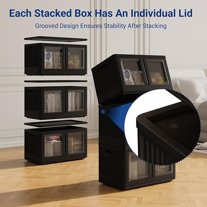 FLEXIMOUNTS 152 QT Stackable Plastic Storage Bins With Lids, Black | Collapsible Foldable Storage Bins with Front Doors and Built-in Wheels, Organizers and Storage for Home, Dorm, 2 Pack Cubes - Image 4