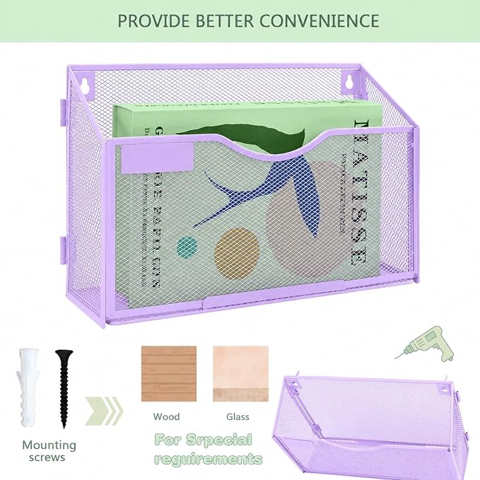 1 Pocket Mesh Wall File Holder Organizer Office Hanging File Folder Magazine Rack, Nametag Label Hooks Set Included (Purple) - Image 4