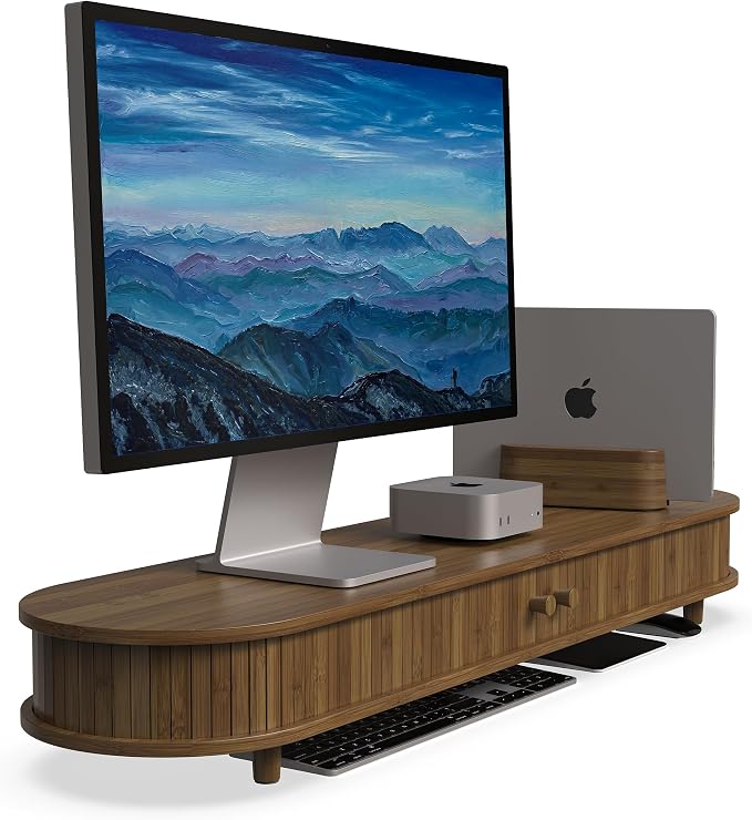 42 Inch Curved Dual Monitor Stand Riser with Storage Desk Shelf | Double Computer Stand with Sliding Doors for 55-72 Inch Cozy Workplace Computer Setup Desk Organizer Toasted Bamboo Color by WELLWENG