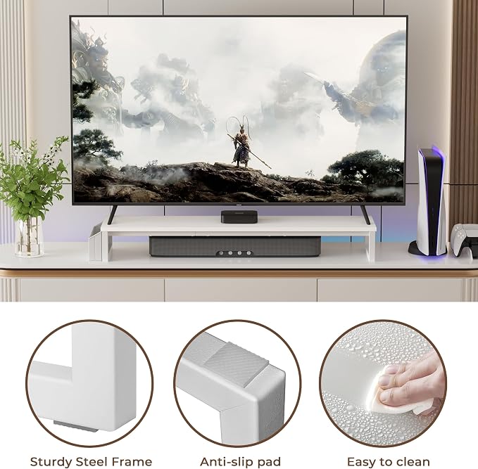 LAND·VOI Dual Monitor Stand Riser,41.5'' Long Monitor Stand for 2 Monitors, Wood and Steel Computer Monitor Stand, Desktop Oraganizer with Pen Holder, Monitor Riser for Desk Computer,Laptop,TV, White - Image 8