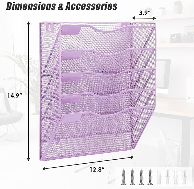 5 Pocket Mesh Hanging Wall File Organizer, Wall Mounted Mail Paper Document Folder Holder, Clipboard Storage Organization Magazine Rack with Nametag Label for Office Home School, Light Purple - Image 2