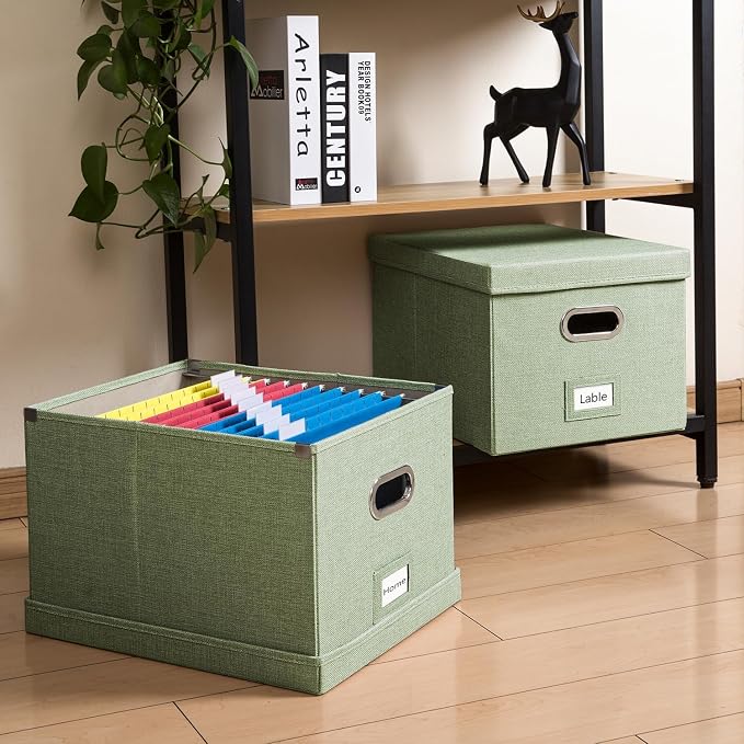 File Organizer Box - Set of 1 Collapsible Decorative Linen Filing Storage Hanging File Folders with Lids Office Cabinet Letter/Legal Green (17x14x11.2 inch) - Image 3